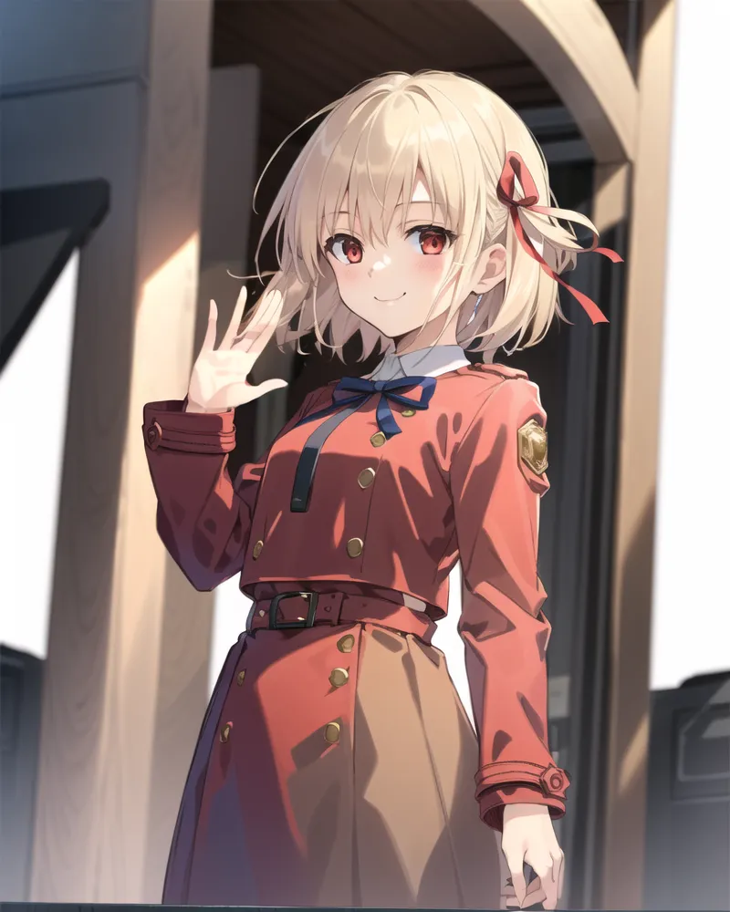 The image depicts a young girl with short blonde hair and red eyes. She is wearing a red military-style coat with a white cravat and brown skirt. The girl has a friendly smile on her face and is waving with her right hand. She is standing in front of a wooden door with a glass window.