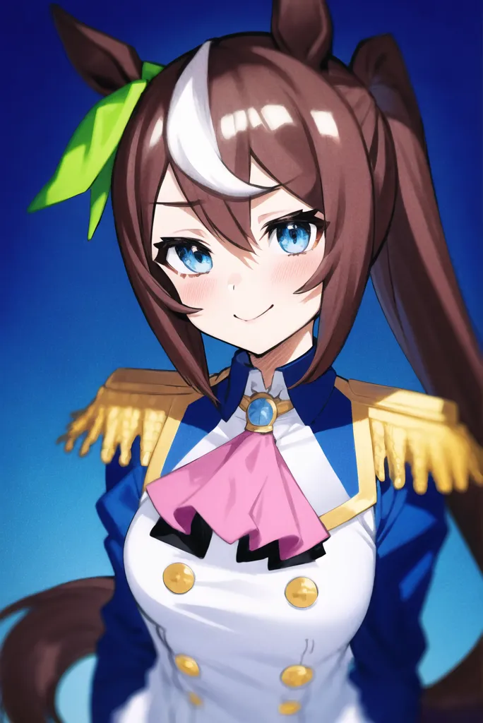 This is an image of an anime girl with brown hair and blue eyes. She is wearing a white shirt with a blue jacket and a pink bow. She has a green ribbon in her hair and is smiling at the viewer.