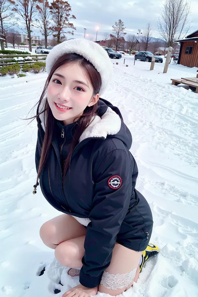 The image shows a young woman kneeling in the snow. She is wearing a black jacket with a fur-lined hood, and a white fur hat. The jacket is open, showing a white lace camisole underneath. She is also wearing black boots with yellow laces. The woman has long brown hair and brown eyes, and she is smiling at the camera. In the background, there are trees and houses covered in snow. The image is taken from a slightly elevated angle, and the woman is in the center of the frame.