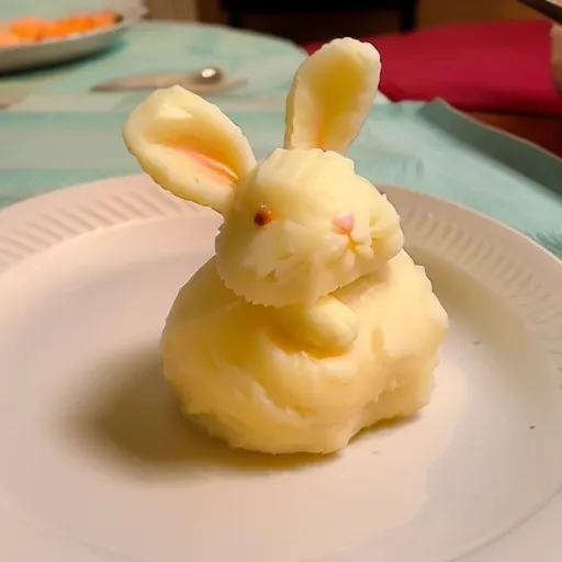 The image shows a plate with a potato bunny on it. The bunny is made of mashed potatoes and has a pink nose and black eyes. The bunny is sitting on a bed of mashed potatoes and is surrounded by carrots. The bunny is very cute and looks like it is ready to be eaten.