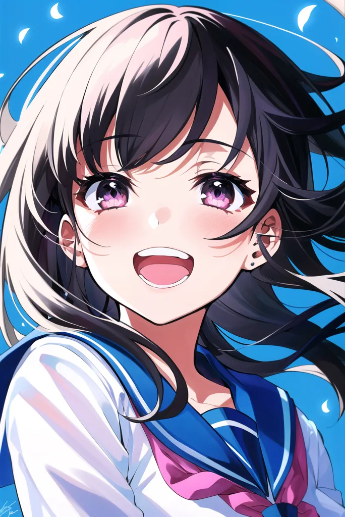 The image is a portrait of a young girl with long black and white hair. She is wearing a white shirt with a blue collar and a pink bow. She has a happy expression on her face and her mouth is open in a smile. Her eyes are wide and her cheeks are flushed. She is standing in front of a blue background with white crescent moons.