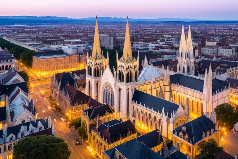 The image is of a beautiful Gothic cathedral. It is dusk and the sky is a deep blue color. The cathedral is lit up by the setting sun and its stained glass windows are glowing. The cathedral is surrounded by trees and there is a river in the background. The image is very peaceful and serene.