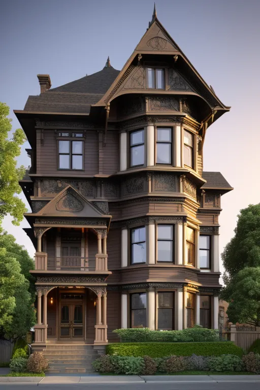 The image is a 3D rendering of a Victorian-style house. The house is three stories tall, with a steeply pitched roof and a large porch. The exterior is made of wood, and the walls are covered in intricate gingerbread trim. The house has many windows, most of which are stained glass. The front door is made of wood and has a stained glass insert. The house is surrounded by a lush green lawn and a white picket fence.