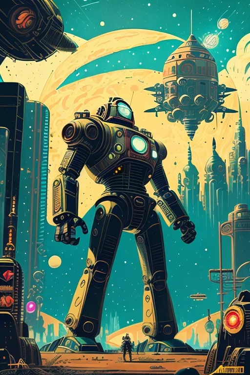 The image is a retro-futuristic illustration of a giant robot standing in a city. The robot is made of metal and has a yellow and green color scheme. It has a large head with a visor and two small antennae. The robot's body is covered in armor and it has large, powerful arms and legs. The robot is standing on a street in the city and there are buildings and other structures in the background. There is a spaceship in the sky above the city. The image is in a comic book style and it has a lot of bright colors.
