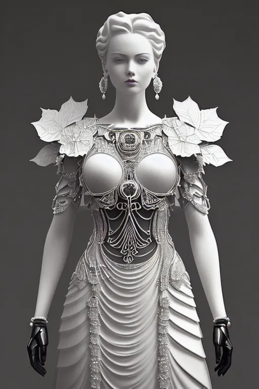 The image is a black and white photo of a mannequin wearing an haute couture dress with an avant-garde design. The dress is made of a white fabric and features a corset-like bodice with intricate silver detailing. The skirt is full and flows to the ground. The mannequin has a serene expression on its face and is looking straight at the viewer. The photo is taken from a high angle, which makes the mannequin appear larger than life. The background is a dark grey, which makes the mannequin stand out.