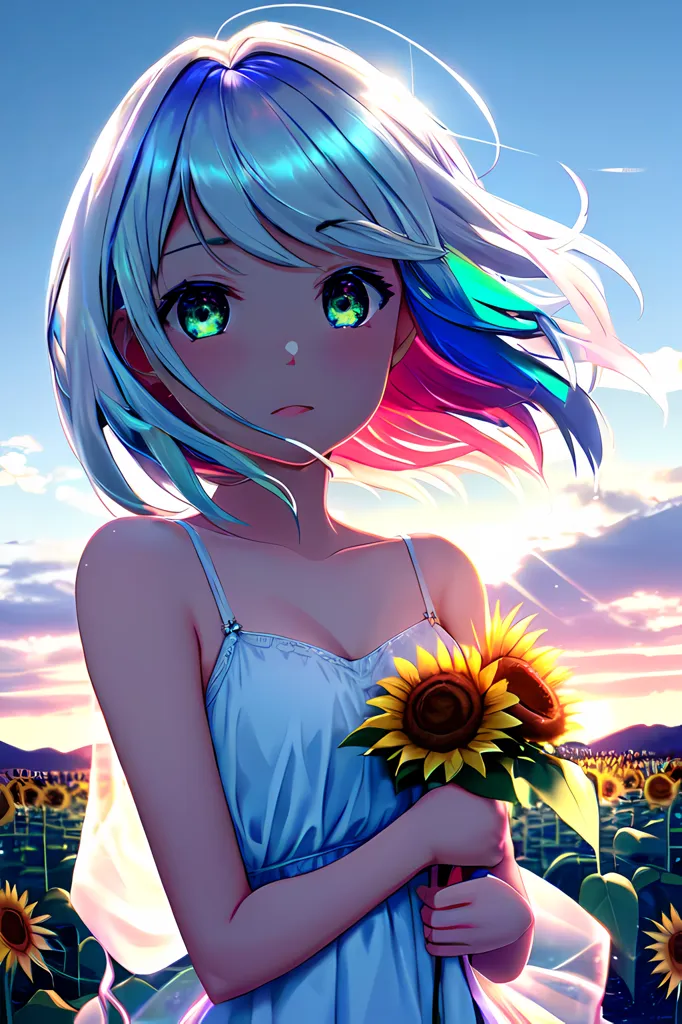 The image is a digital painting of a young girl with long, flowing hair. The girl is standing in a field of sunflowers, and she is wearing a white dress. The girl's hair is a gradient of blue and white, and her eyes are a deep green. The girl is holding a sunflower in her right hand, and she is looking at the viewer with a shy smile. The background of the image is a sunset, and the sky is a gradient of orange and yellow.