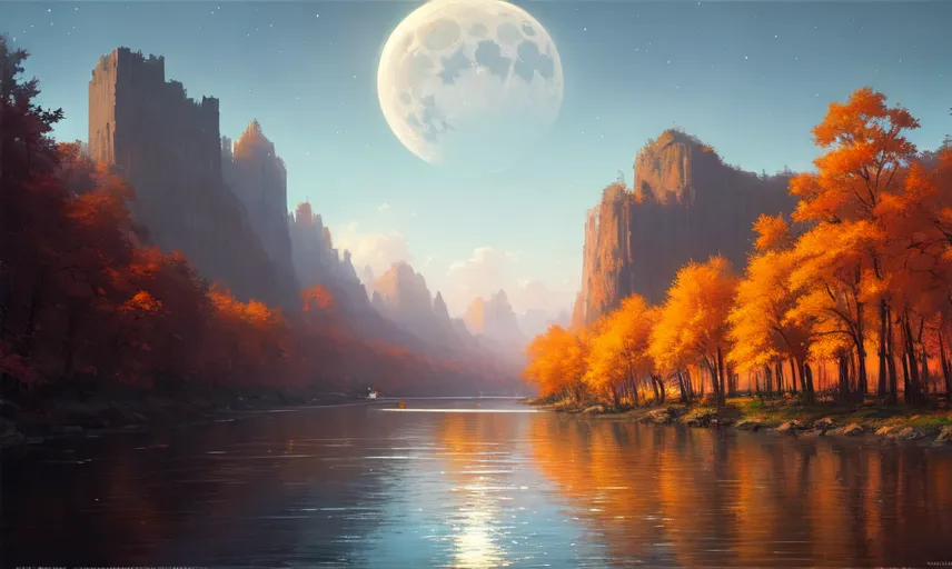 The image is a beautiful landscape painting of a river flowing through a valley. The sky is dark and a full moon is shining. The trees on the banks of the river are in full bloom. The water in the river is calm and still. There is a boat on the river with two people in it. The boat is moving slowly towards the viewer. The painting is done in a realistic style and the colors are vibrant and lifelike. The overall effect of the painting is one of peace and tranquility.