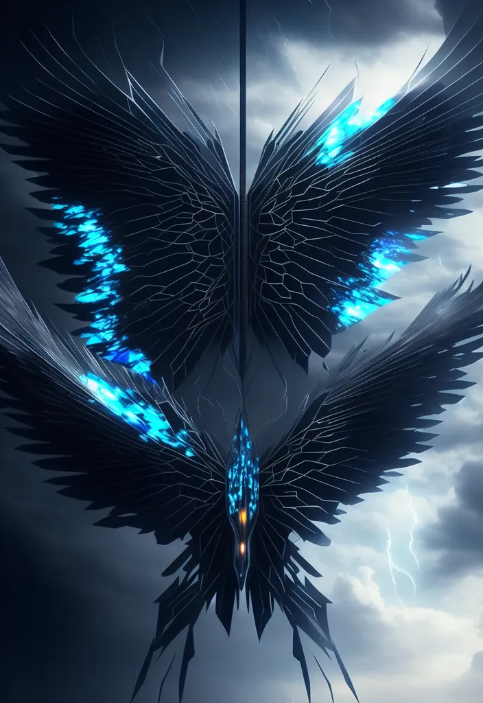 The image is a dark, stormy night. The sky is black and the clouds are thick and swirling. In the foreground of the image, there is a large, black bird with glowing blue eyes and wingtips. The bird is perched on a branch of a dead tree. The bird is surrounded by a dark aura. The image is very dark and moody.