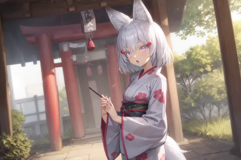 The image is of a young woman with white hair and fox ears. She is wearing a kimono with a floral pattern and is holding a brush in her right hand. She is standing in a traditional Japanese setting, with a red torii gate and a tree in the background. The image is drawn in a realistic style and the colors are vibrant and bright.