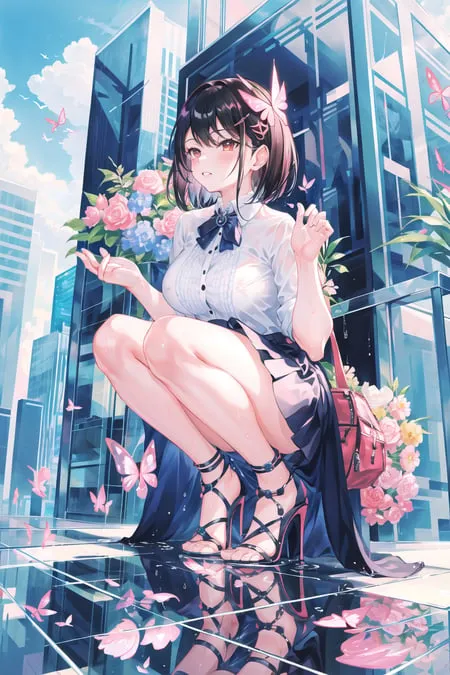 The image is a digital painting of a young woman crouching on a reflective surface in an urban setting. She is wearing a white blouse, a gray skirt, and black high heels. Her hair is dark brown and her eyes are dark brown. She has a gentle smile on her face and is looking at the viewer. There are flowers and butterflies surrounding her and the background is a cityscape with tall buildings and a blue sky. The painting is done in a realistic style and the colors are vibrant and lifelike.
