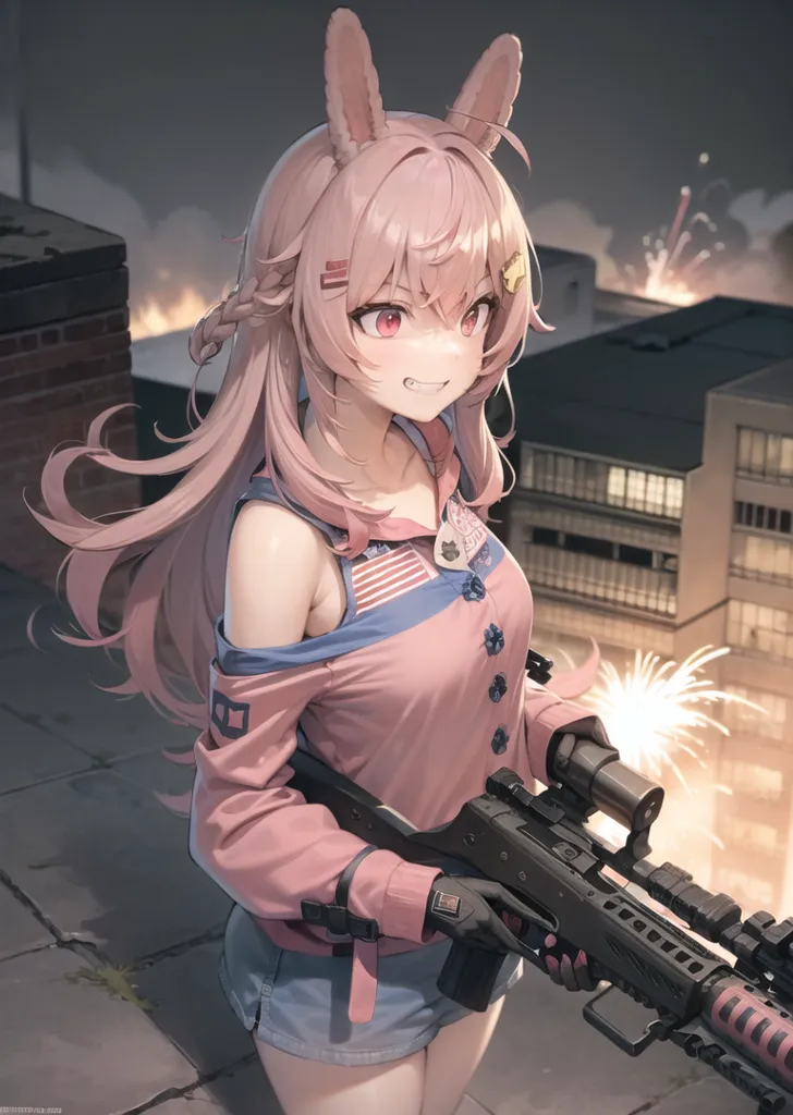 The image is a painting of a young woman with pink hair and rabbit ears. She is wearing a pink and blue outfit and is carrying a large gun. She is standing on a rooftop with a cityscape in the background. The painting is done in a realistic style and the woman is depicted in a heroic pose.