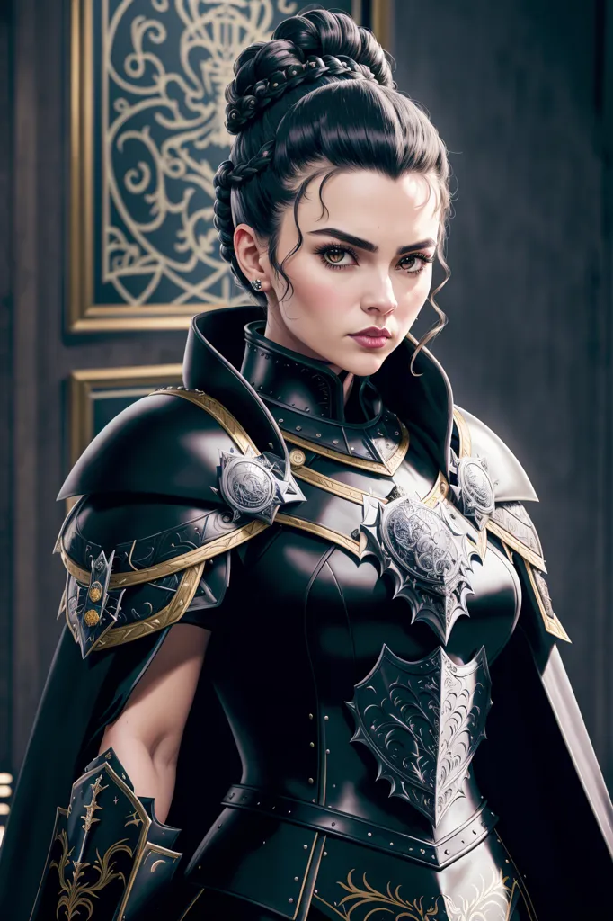 The image shows a young woman in her early 20s. She has dark hair, brown eyes, and a fair complexion. She is wearing a black and grey suit of armor with gold trim, a black cape, and a sword on her hip. She has a determined expression on her face, and she looks like she is ready for battle. The background is grey with a black door with gold trim.