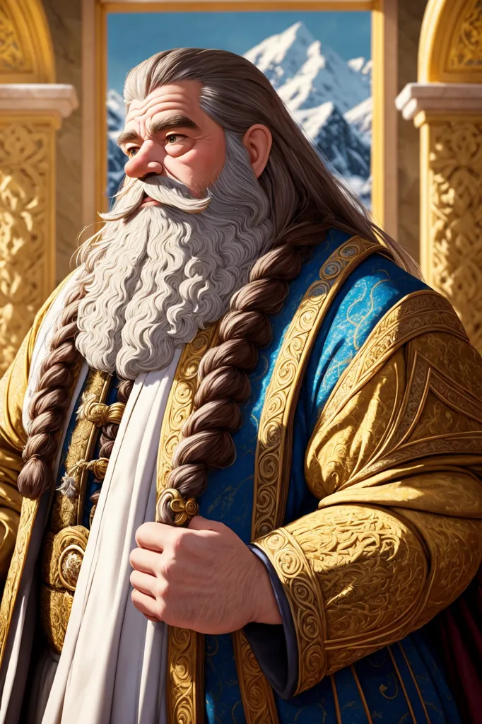 The image shows a dwarf king with long white hair and beard. He is wearing a blue and gold robe with a white sash. He has a stern expression on his face and is looking to the left. He is standing in a grand hall with a marble floor and ornate columns. There is a large window in the background with a view of snow-capped mountains.