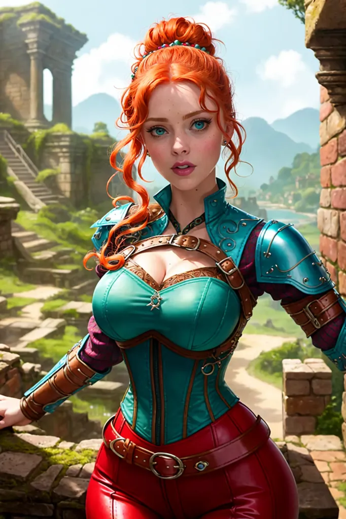 The image shows a redheaded woman wearing a blue and green corset with brown leather straps and red pants. She is standing in a ruined building, with a large stone archway behind her. The woman has her left hand resting on the stone railing and is looking at the view in front of her. She has a serious expression on her face.