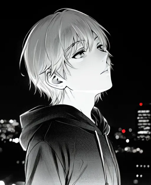The image is a black and white portrait of a young man. He has short, tousled hair and his eyes are downcast. He is wearing a dark hoodie. The background is a cityscape at night. The city lights are reflected in his eyes. The image is drawn in a realistic style and the shading is used to create a sense of depth and atmosphere. The overall tone of the image is one of sadness and isolation.