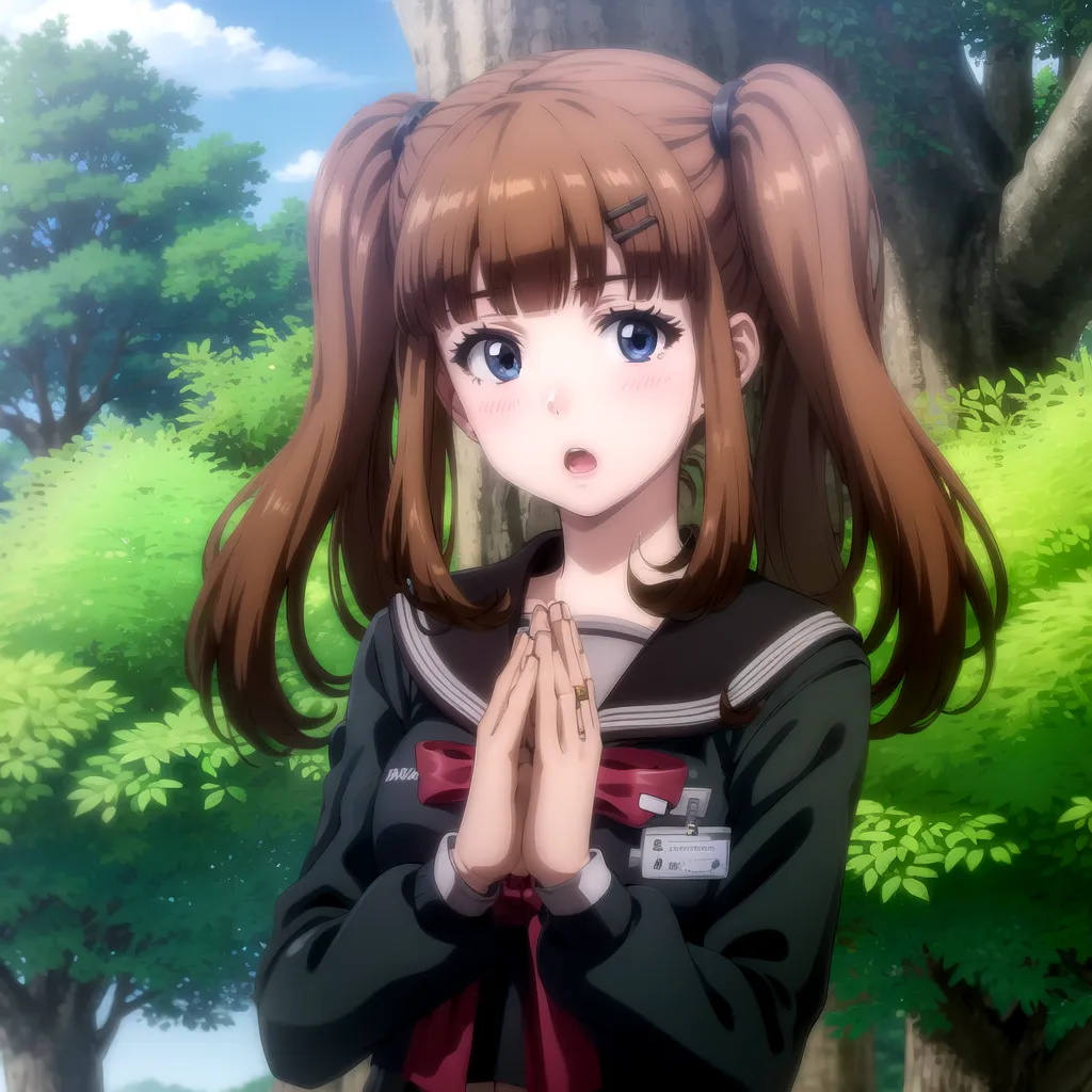 This is an image of an anime girl with brown hair and blue eyes. She is wearing a black sailor-style school uniform with a red ribbon. She has her hands together in front of her chest and is looking at the viewer with a surprised expression on her face. She has two small hair clips in her hair and is standing in front of a tree with green leaves.