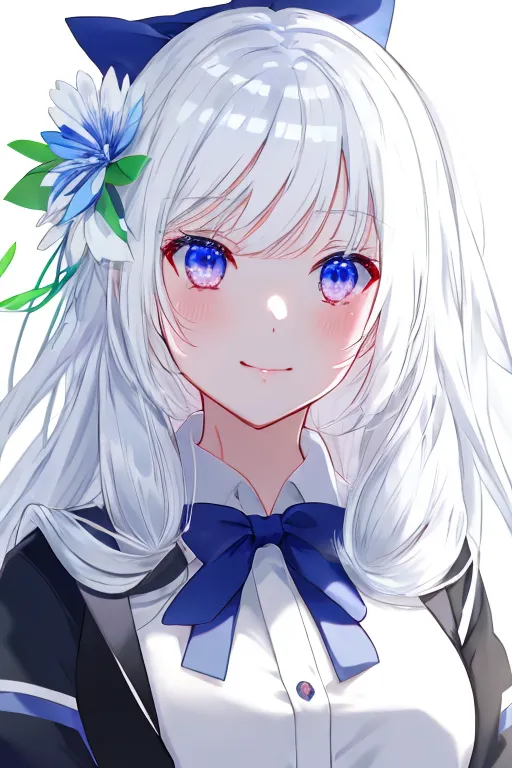 The image shows a young girl with white hair and blue eyes. She is wearing a white shirt with a blue bow. There is a blue flower in her hair. The girl has a gentle smile on her face.