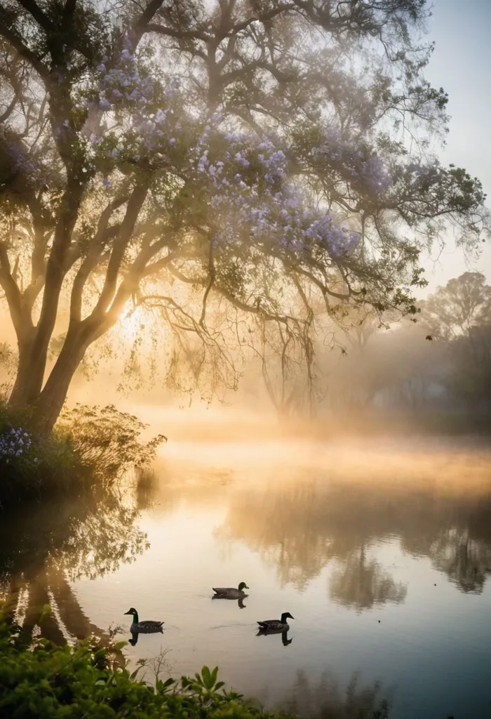 The sun is rising over a lake. The water is still and reflects the sky, trees, and flowers. There are three ducks swimming in the foreground. The trees are reflected in the water with shades of green and yellow. The sky is light blue. The sun is bright yellow and creates a warm feeling. The overall effect is one of peace and tranquility.