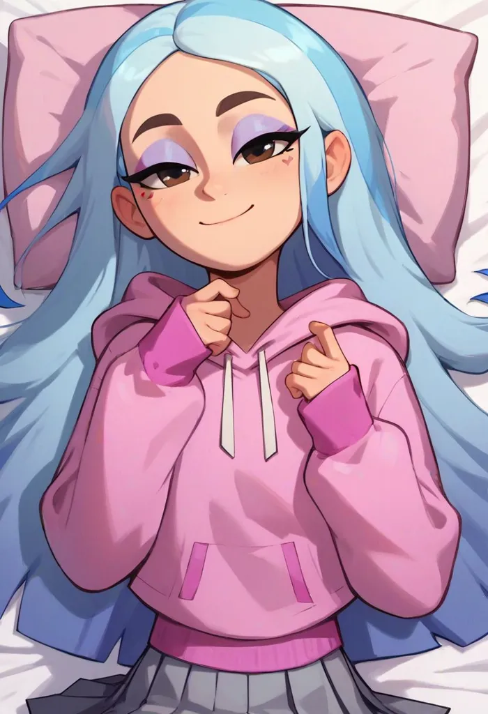 The image shows a young girl with bright blue hair and brown eyes. She is wearing a pink hoodie and a white skirt. She is lying on a bed with a pink pillow behind her head. She has a gentle smile on her face and is looking at the viewer.