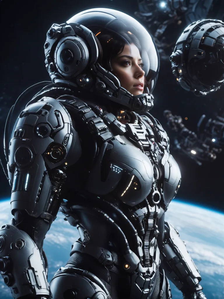 The picture shows a woman in a spacesuit with a transparent helmet. She is looking to the right of the frame, which is mostly filled with her. She is wearing a skin-tight suit of armor that covers her entire body. The suit has a lot of details, such as lights, buttons, and wires. The woman's hair is dark. She has a serious expression on her face.