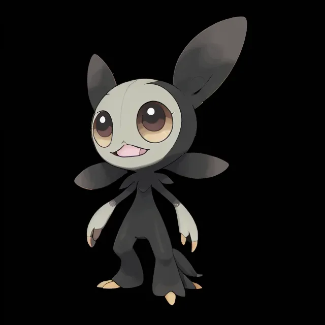 This is an image of a Pokémon. It is a small, bipedal, mammalian creature with gray and black fur. It has large, pointed ears, a small, triangular nose, and a wide mouth. Its eyes are yellow with black pupils. Its body is mostly gray, with a black belly and black patches on its ears and the back of its head. Its arms and legs are long and slender, and its feet have three toes each. Its tail is long and thin, with a tuft of fur at the end