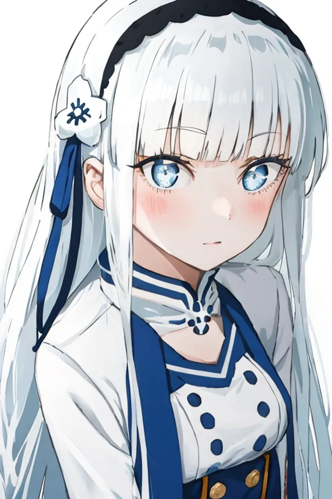 The image shows a young girl with long white hair and blue eyes. She is wearing a white and blue dress with a white flower in her hair. The girl has a shy expression on her face and is looking at the viewer with a slight blush on her cheeks.