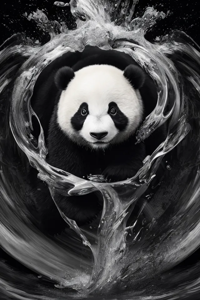 A black and white image of a panda bear's face. The panda is looking at the viewer with its mouth slightly open. It is surrounded by a heart-shaped splash of water. The water is depicted realistically, with droplets and ripples. The panda's fur is also depicted realistically, with individual hairs visible. The image is set against a black background, which makes the panda and the water stand out.