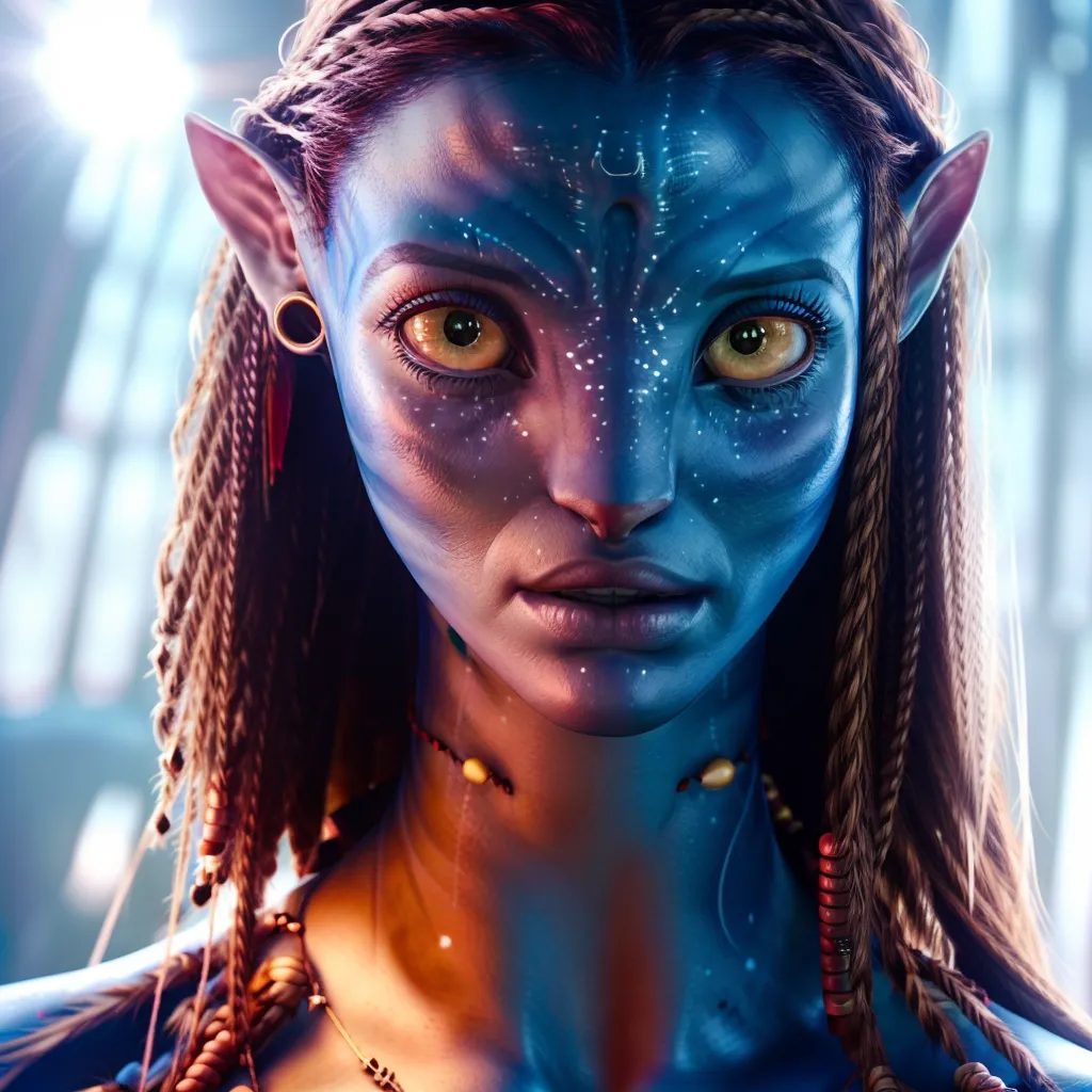 This is a photo of a female Na'vi from the movie Avatar. She has blue skin, yellow eyes, and long brown hair that is braided and wrapped around her head. She is wearing a necklace made of beads and bones. Her face is painted with white and blue stripes. She has a determined expression on her face.