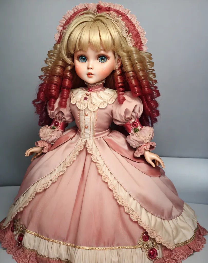 The image shows a porcelain doll with long, curly, reddish-blonde hair. She is wearing a pink dress with a white lace overlay. The dress has a fitted bodice with a sweetheart neckline and a full skirt with multiple layers of ruffles. The doll is also wearing a matching pink bonnet with a white lace trim. She has blue eyes and long, black eyelashes. Her lips are slightly parted and she has a serene expression on her face. The doll is standing on a white pedestal.