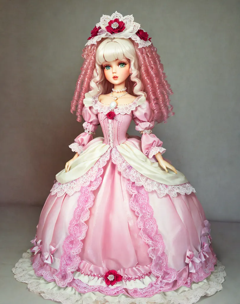 The image shows a doll with long pink curly hair. She is wearing a pink and white dress with a long skirt and a tight bodice. The dress is decorated with bows, flowers, and lace. The doll is also wearing a necklace and a tiara. She has blue eyes and a serene expression on her face.