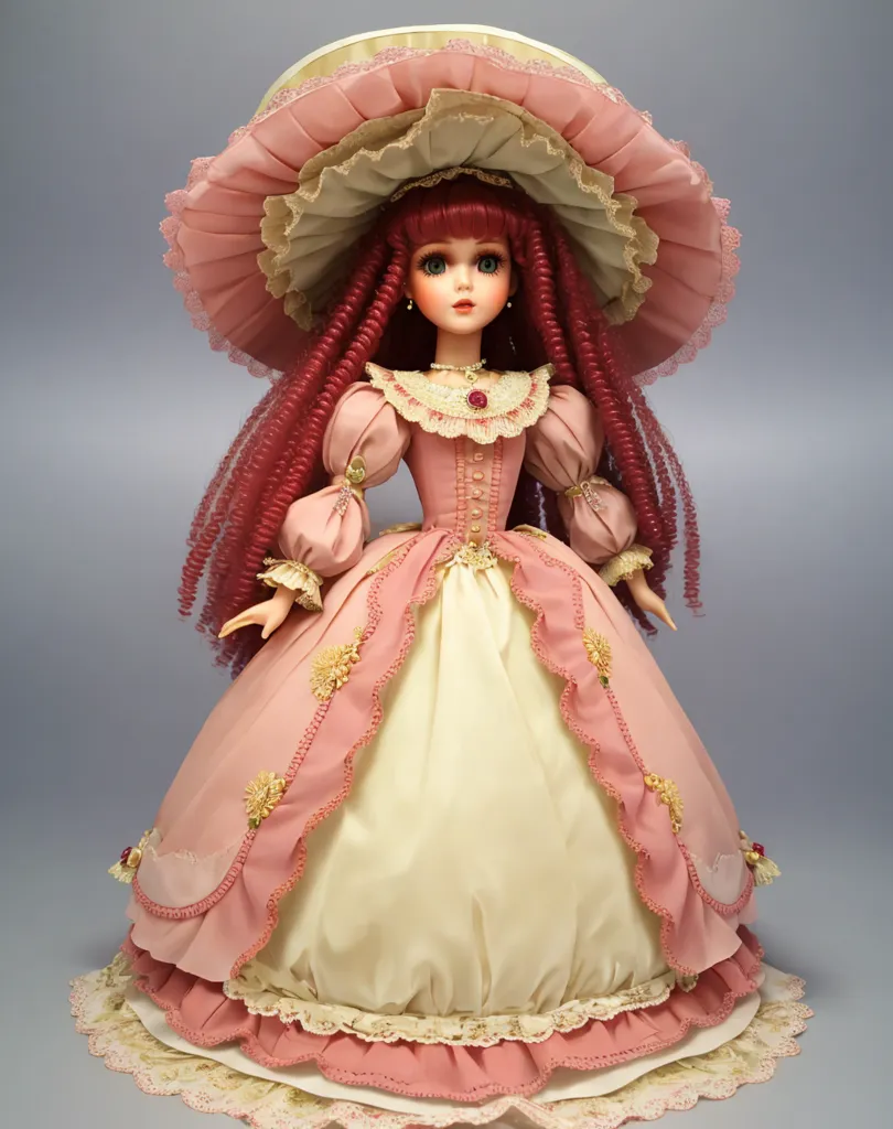 The image shows a porcelain doll with long red curly hair wearing a pink and white dress with a matching hat. The doll is standing on a white pedestal. The doll's dress is very detailed with ruffles and bows. The doll's face is also very detailed with painted on makeup and blue eyes.