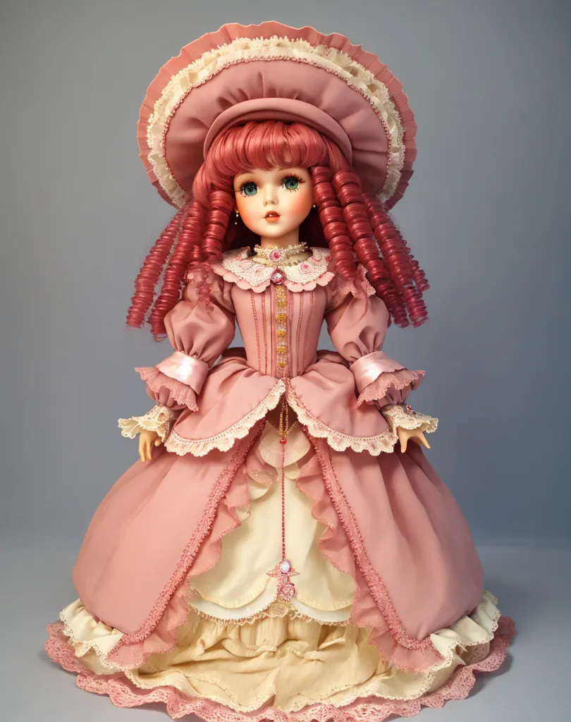 The image shows a porcelain doll with long red curly hair. She is wearing a pink dress with a white underskirt. The dress is trimmed with lace and ribbon. She is also wearing a matching pink hat. The doll is standing on a white pedestal.