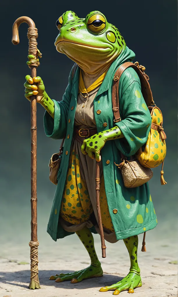 The image shows a anthropomorphic frog wearing a green cloak and a yellow shirt. It has a walking stick in its hand and a bag on its back. The frog is standing on a dirt path in front of a green background.