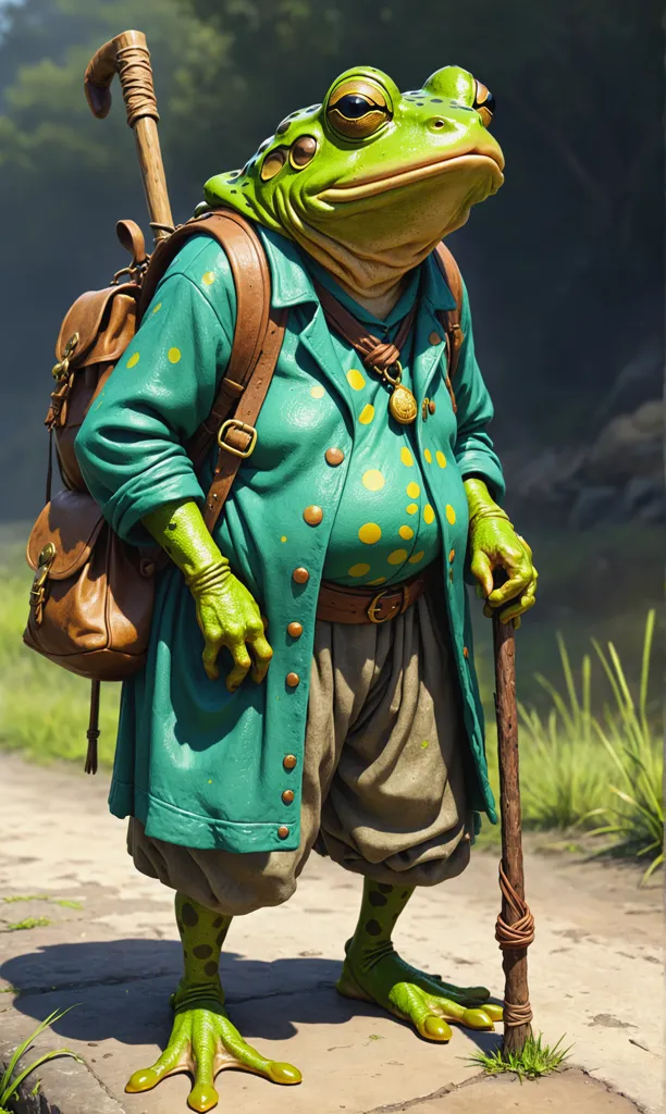 The image is a digital painting of a anthropomorphic frog. The frog is wearing a green shirt, brown pants, and a brown hat. It has a walking stick in its right hand and a backpack on its back. The frog is standing in a forest, and there is a river in the background. The image is rendered in a realistic style, and the frog's skin is textured to look like real frog skin.