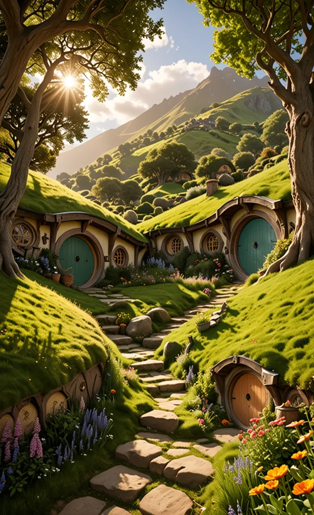 The image is of a hobbit hole, which is a type of house that is built into a hill. The hobbit hole is surrounded by a lush green landscape, with rolling hills and trees in the distance. The sun is shining brightly, and there is a peaceful atmosphere.