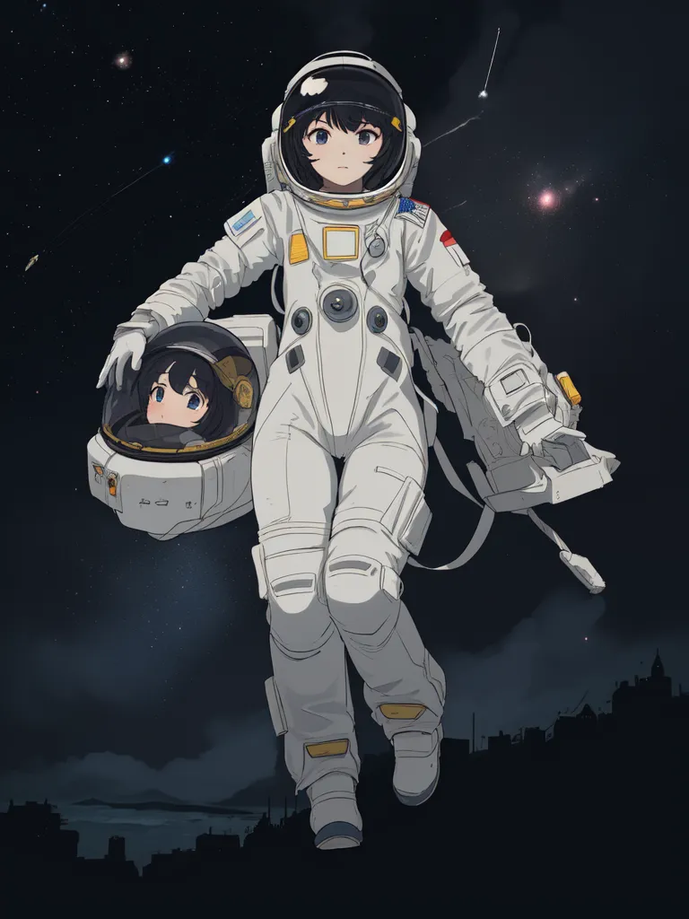 This is an image of an anime girl in a spacesuit. She is standing with her left hand holding an astronaut helmet with another anime girl's head in it. The girl in the spacesuit has black hair and brown eyes. She is wearing a white spacesuit with a blue and red patch on her left arm and a yellow patch on her right arm. There are stars in the background and a dark city below her.