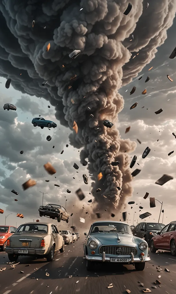 The image shows a tornado. The tornado is very strong and is lifting cars and debris into the air. The cars are being thrown around like toys. The tornado is also causing a lot of damage to the buildings and trees. The scene is one of chaos and destruction.