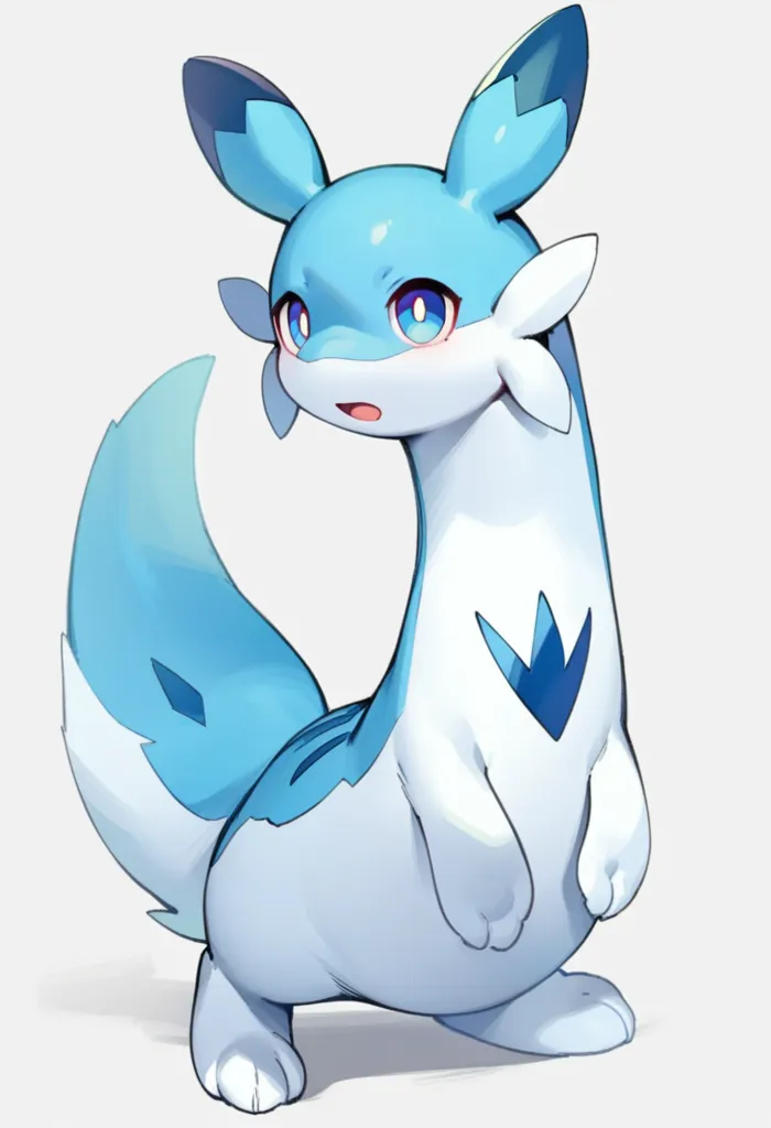 This is an image of a Pokemon. It is a quadrupedal, mammalian creature with blue and white fur. It has a long, slender body with a short tail. Its ears are long and pointed, and its eyes are blue. It has a small, triangular nose and a mouth with two visible teeth.