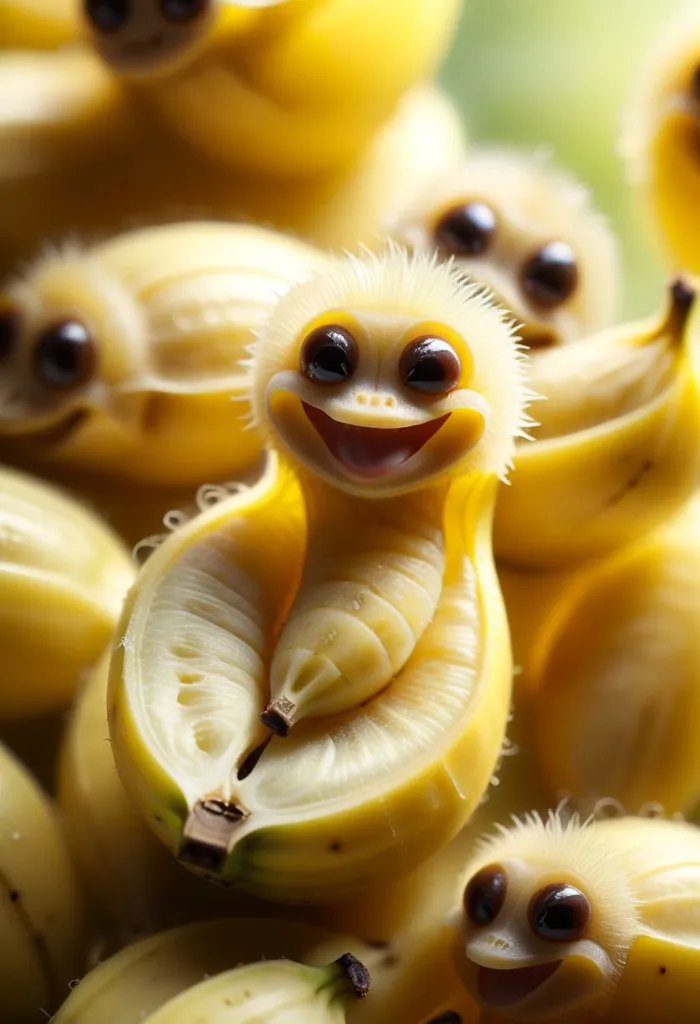 The image shows a bunch of bananas. The bananas are not ordinary, they have faces. The faces are happy and smiling. The bananas are also furry. The fur is yellow and it looks soft. The bananas are all different sizes. The image is funny and cute.