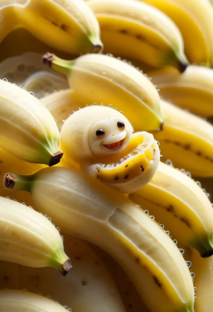 A bunch of bananas. One of the bananas has been peeled and has a smiley face carved into it.