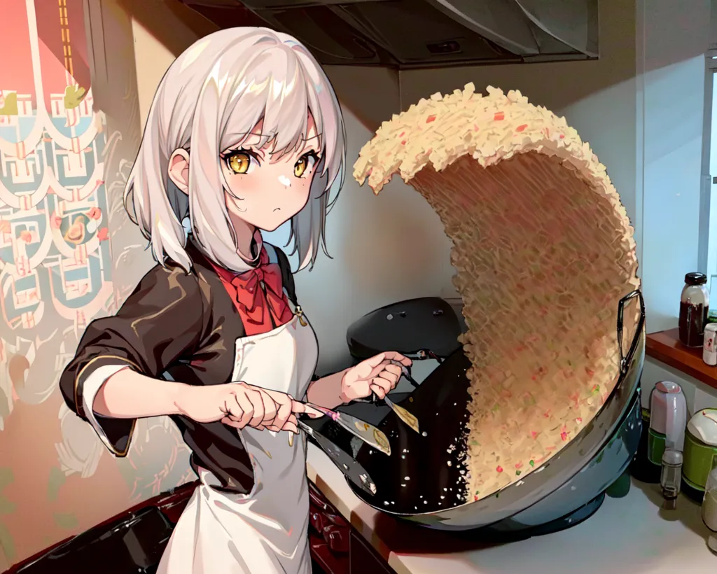 A girl with white hair and yellow eyes is cooking in a kitchen. She is wearing a white apron and a black shirt. She is holding a spatula and a spoon, and she is stirring a large wok full of fried rice. The fried rice is overflowing out of the wok and cascading down the counter. The girl is looking at the fried rice with a surprised expression on her face.