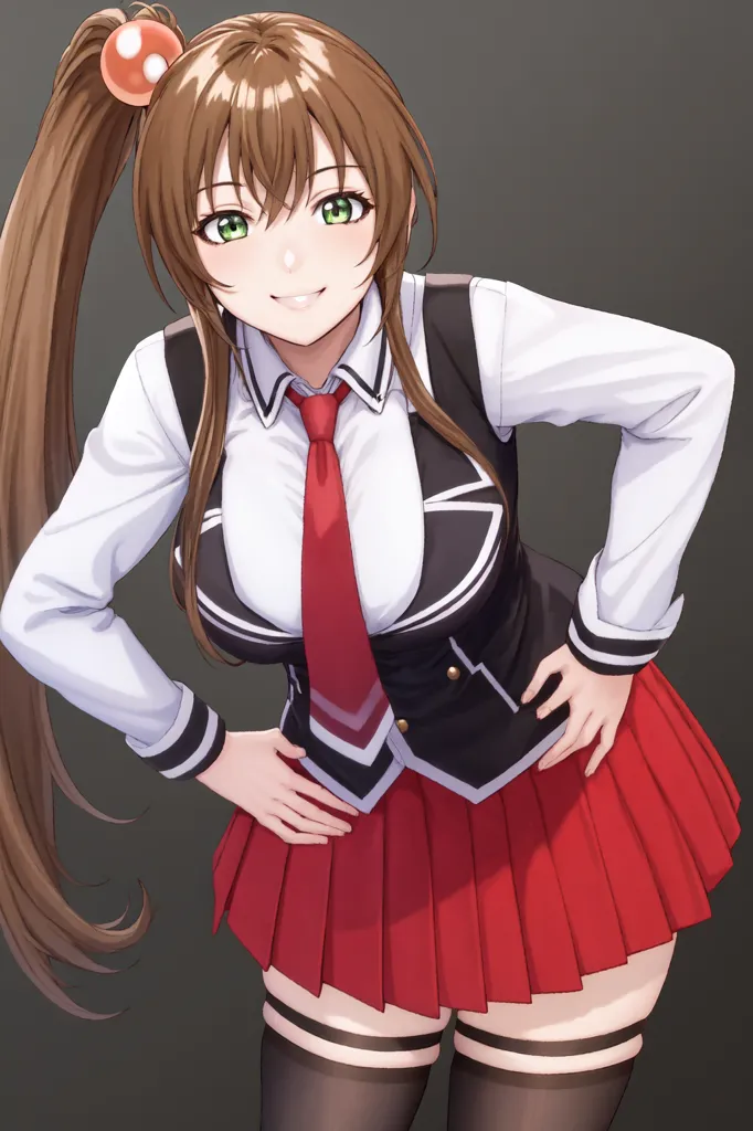 The image shows an anime girl with brown hair and green eyes. She is wearing a white shirt, a red tie, a black vest, and a red pleated skirt. She has a ponytail and is smiling.