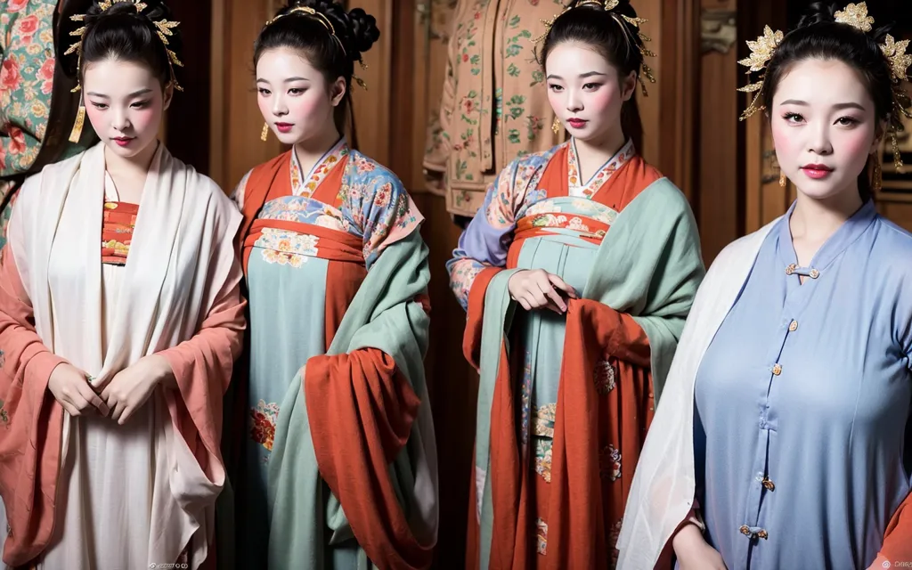 The image shows four Chinese women wearing traditional Chinese clothing. The women are all young and beautiful, with long black hair and fair skin. They are wearing different styles of clothing, but all of the clothes are made of fine materials and are decorated with intricate designs. The women are standing in a room, which is decorated with traditional Chinese furniture and paintings.