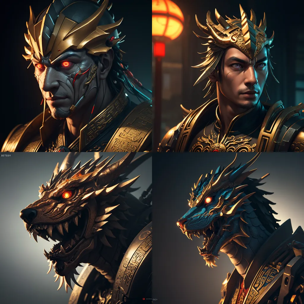 The image is of two characters from a video game. They both have long hair, and are wearing elaborate armor. The character on the left has red eyes, and the character on the right has blue eyes. They are both standing in front of a dark background, and there is a dragon's head in the bottom left corner.