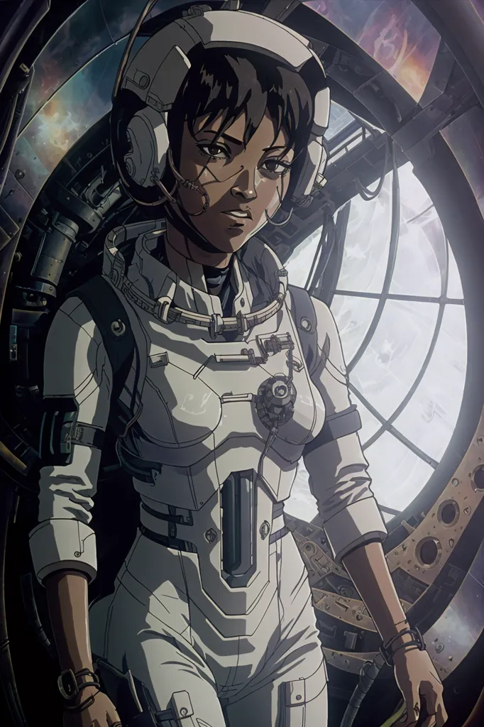 This is an image of a young girl in a spacesuit with a serious expression on her face. She is standing in front of a large window, looking out at a space scene. There are various machines and equipment in the background. The girl is wearing a white spacesuit with a black undersuit. She has a black and white helmet on, and there are various wires and tubes attached to her suit. She is also wearing a backpack with a large canister attached to it. The girl's name is Ryoko, and she is a member of the space exploration team known as the \