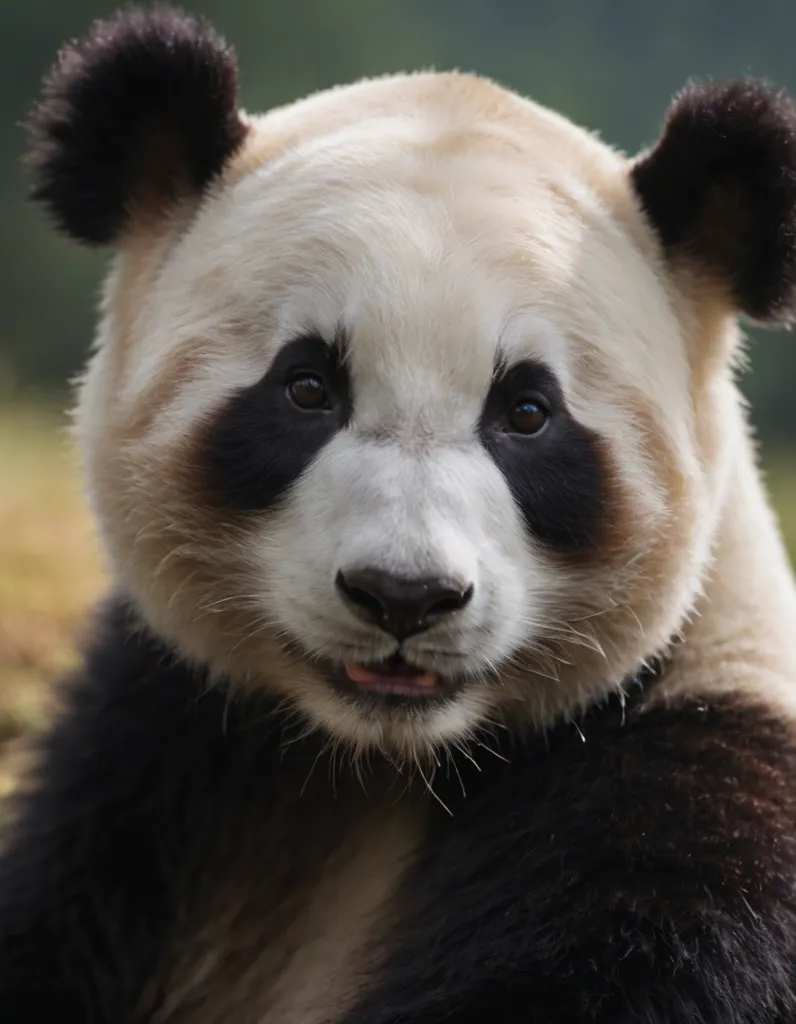 The image shows a giant panda, a bear-like mammal that is native to central China. The panda has black and white fur, with a round face and large, floppy ears. It is sitting in a relaxed position, looking at the camera with a curious expression. The background is blurred, with a hint of green foliage.