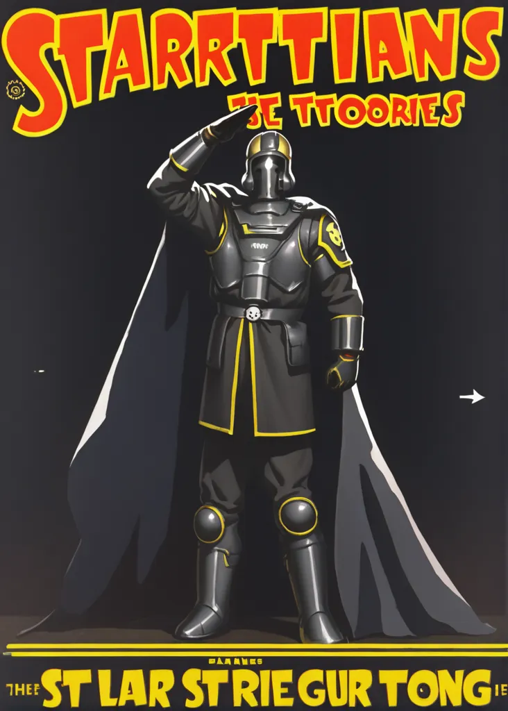 The image is a propaganda poster for the fictional STARR TARRIANS. The poster features a soldier in a black uniform with yellow and grey armor. The soldier is saluting with one hand and holding a gun in the other hand. The background is red and yellow, with a gear symbol in the upper left corner. The text on the poster reads "STARR TARRIANS" and "BE TOORIES".