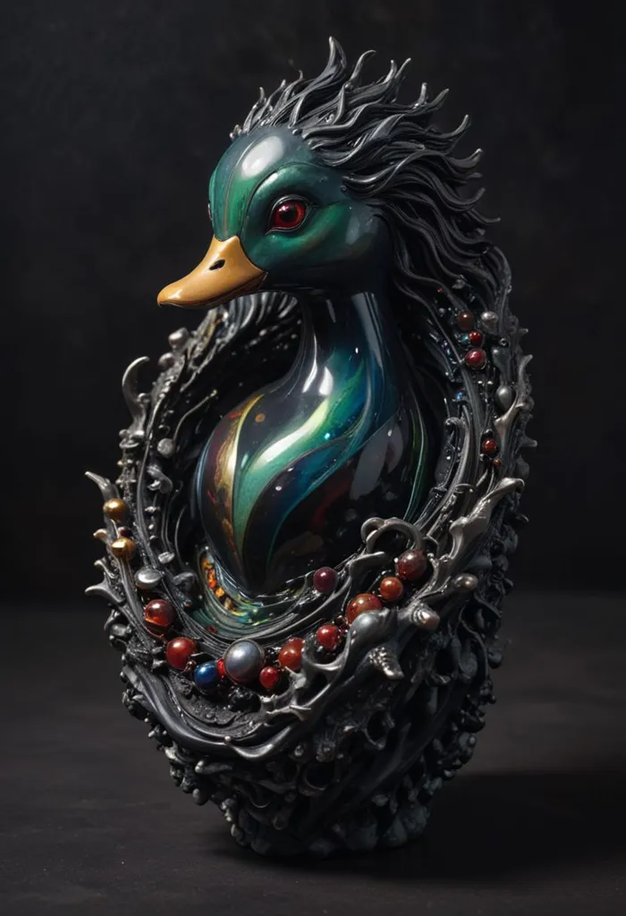 The image is a 3D rendering of a duck. The duck is black with green and blue highlights. It is wearing a golden crown and has a red jewel on its chest. The duck is sitting on a nest of black branches. The nest is decorated with red and blue jewels. The background is black.