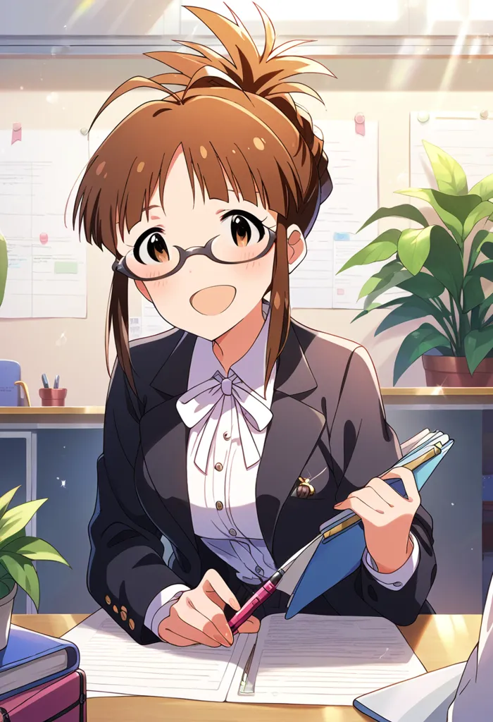 A young girl with brown hair tied in a ponytail is sitting at a desk, She is wearing a white blouse, a black suit jacket, and a red bow tie. She has a friendly smile on her face and is looking at the viewer. She is holding a pen and a notebook and appears to be taking notes or studying. There are some books and plants on the desk. The background is a blurred image of a classroom.