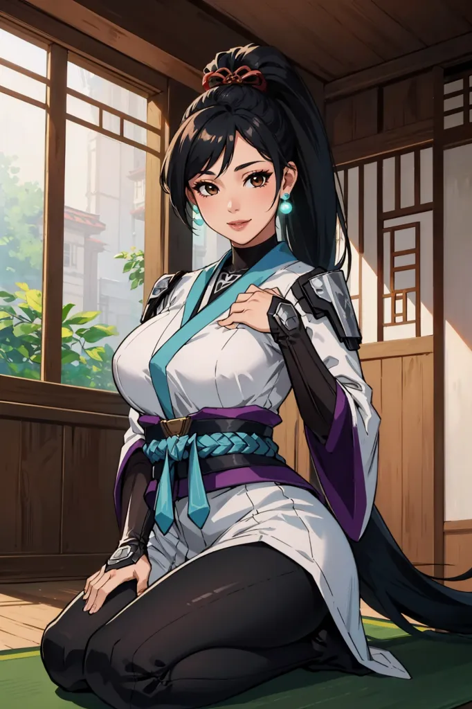 This is an image of a young woman, likely in her early 20s. She has long black hair, brown eyes, and a fair complexion. She is wearing a white and purple outfit and is kneeling on the floor. She has a confident expression on her face and looks like she is ready for action.